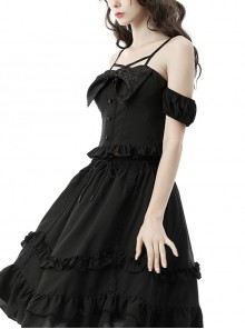 Gothic Style Exquisite Lace Jacquard Big Bowknot Ruffled Hem Sexy Off Shoulder Black Suspender Top