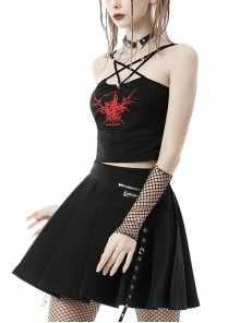 Punk Style Personalized Red Death Star Wings Printed Metal Skull Rivets Decorated Sexy Black Halter Top