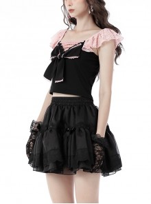 Gothic Style Sexy Backless Doll Bowknot Sweet Pink Lace Decoration Black Flutter Sleeves Top