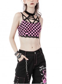 Punk Style Exquisite Lace Embellished Cross Strap Sweet Cool Black Pink Plaid Halterneck Short Top