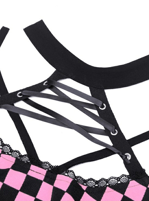 Punk Style Exquisite Lace Embellished Cross Strap Sweet Cool Black Pink Plaid Halterneck Short Top