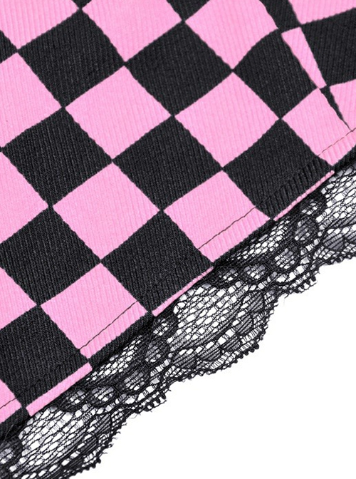 Punk Style Exquisite Lace Embellished Cross Strap Sweet Cool Black Pink Plaid Halterneck Short Top