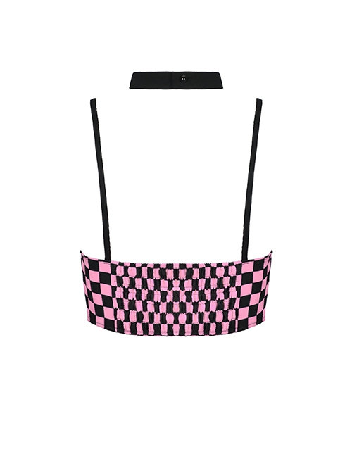 Punk Style Exquisite Lace Embellished Cross Strap Sweet Cool Black Pink Plaid Halterneck Short Top
