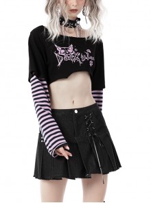 Punk Style Unique Cheshire Cat Purple Printed Striped Sleeves Sexy  Rebellious Black Short Loose Top