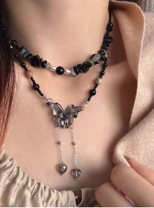 New Chinese Style Brown Earth Tones Ribbon Beaded Stone Ethnic Style Fairy Butterfly Kawaii Fashion Sweater Chain Necklace