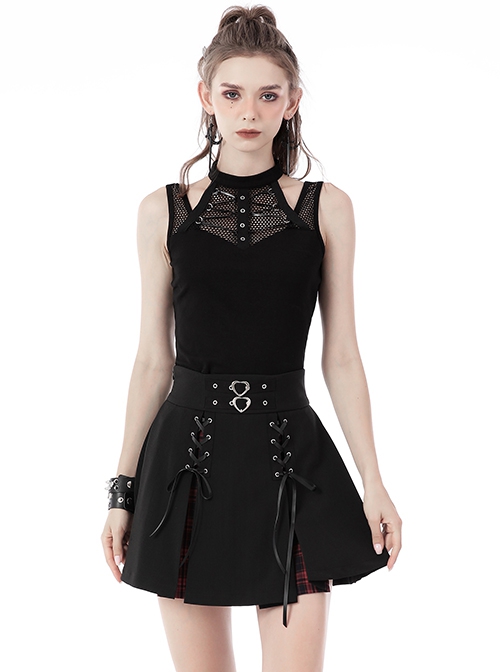 Punk Style Sexy Hollow Mesh Splicing Personalized Metal Ring Cross Strap Black Halterneck Suspender Top