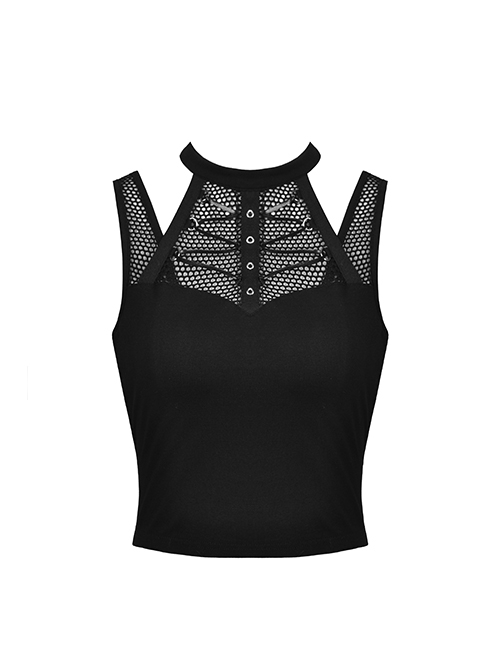 Punk Style Sexy Hollow Mesh Splicing Personalized Metal Ring Cross Strap Black Halterneck Suspender Top