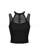 Punk Style Sexy Hollow Mesh Splicing Personalized Metal Ring Cross Strap Black Halterneck Suspender Top