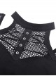 Punk Style Sexy Hollow Mesh Splicing Personalized Metal Ring Cross Strap Black Halterneck Suspender Top