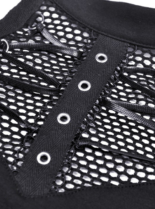 Punk Style Sexy Hollow Mesh Splicing Personalized Metal Ring Cross Strap Black Halterneck Suspender Top