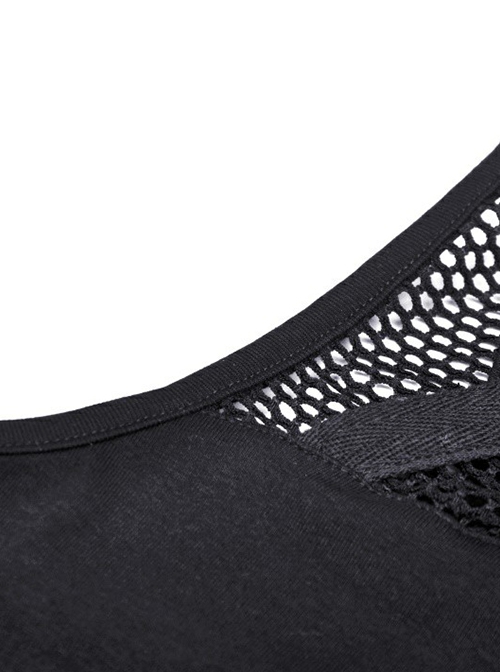 Punk Style Sexy Hollow Mesh Splicing Personalized Metal Ring Cross Strap Black Halterneck Suspender Top