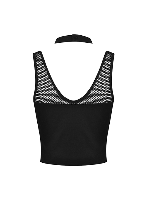 Punk Style Sexy Hollow Mesh Splicing Personalized Metal Ring Cross Strap Black Halterneck Suspender Top