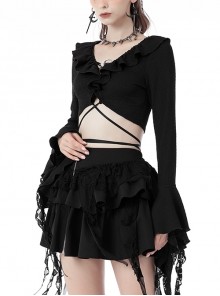 Gothic Style Witch Ruffle Metal Star Moon Decorated Lapel Lace Ripped Trumpet Sleeves Black Sexy Short Top