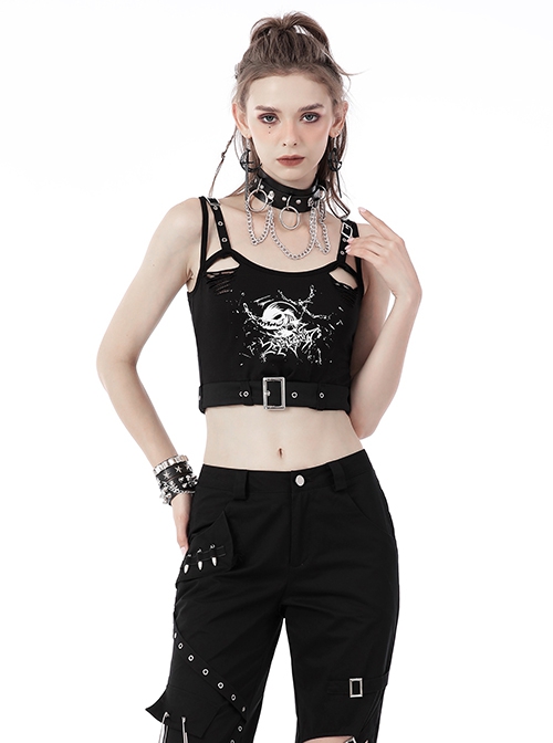 Punk Style Cool Devil Fish Print Personalized Hollow Metal Buckle Sexy Black Suspender Short Top
