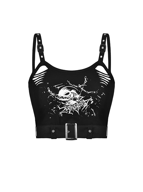 Punk Style Cool Devil Fish Print Personalized Hollow Metal Buckle Sexy Black Suspender Short Top