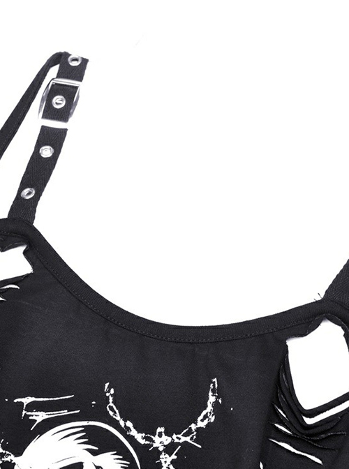 Punk Style Cool Devil Fish Print Personalized Hollow Metal Buckle Sexy Black Suspender Short Top