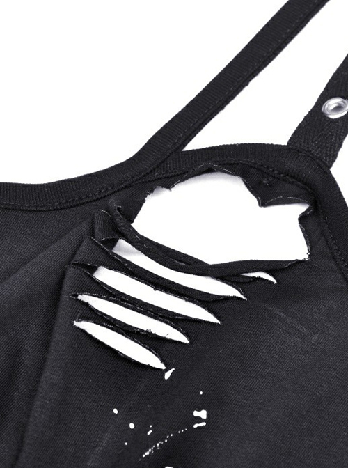 Punk Style Cool Devil Fish Print Personalized Hollow Metal Buckle Sexy Black Suspender Short Top