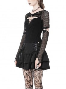 Punk Style Rebel Lace Unique Splicing Detachable Sleeves V Shaped Hollow Chest Cool Black Slim Top