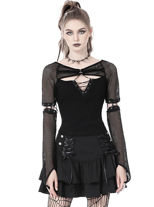 Punk Style Rebel Lace Unique Splicing Detachable Sleeves V Shaped Hollow Chest Cool Black Slim Top