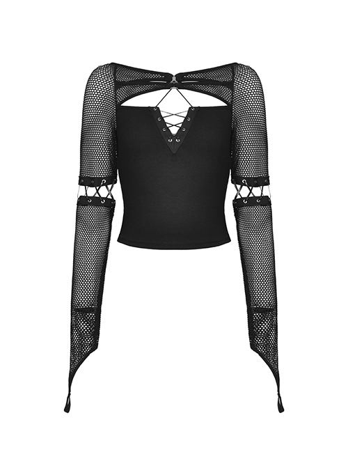 Punk Style Rebel Lace Unique Splicing Detachable Sleeves V Shaped Hollow Chest Cool Black Slim Top