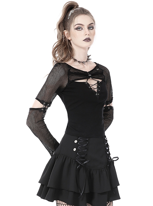 Punk Style Rebel Lace Unique Splicing Detachable Sleeves V Shaped Hollow Chest Cool Black Slim Top