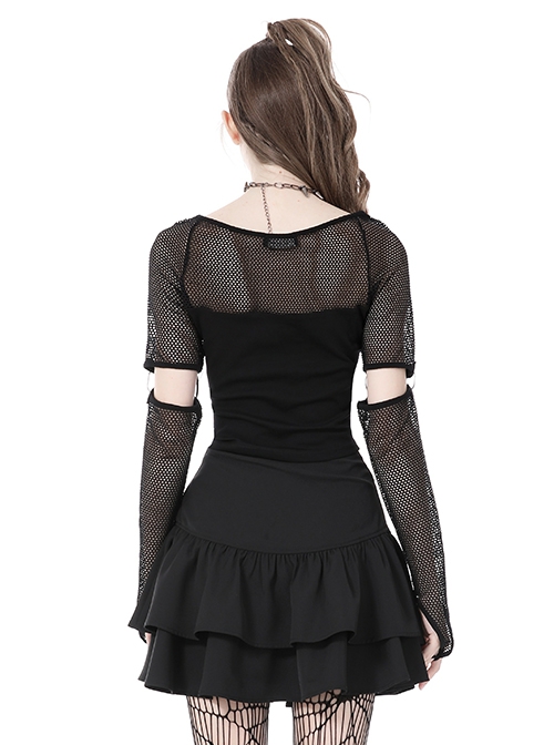 Punk Style Rebel Lace Unique Splicing Detachable Sleeves V Shaped Hollow Chest Cool Black Slim Top
