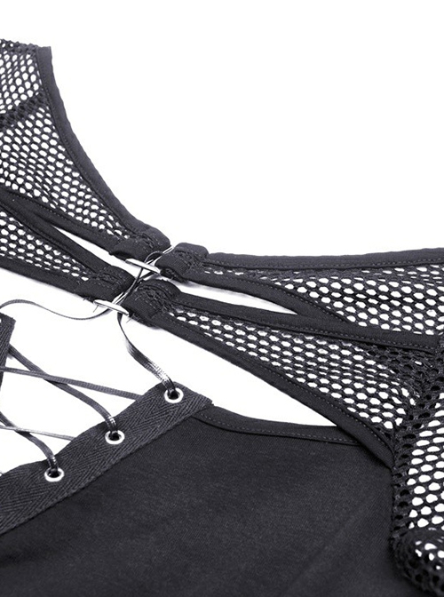 Punk Style Rebel Lace Unique Splicing Detachable Sleeves V Shaped Hollow Chest Cool Black Slim Top