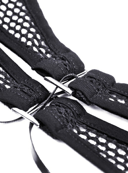 Punk Style Rebel Lace Unique Splicing Detachable Sleeves V Shaped Hollow Chest Cool Black Slim Top