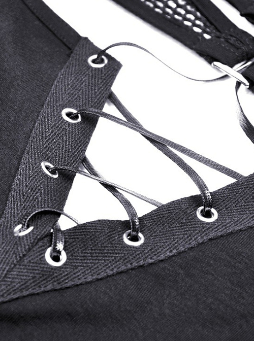 Punk Style Rebel Lace Unique Splicing Detachable Sleeves V Shaped Hollow Chest Cool Black Slim Top