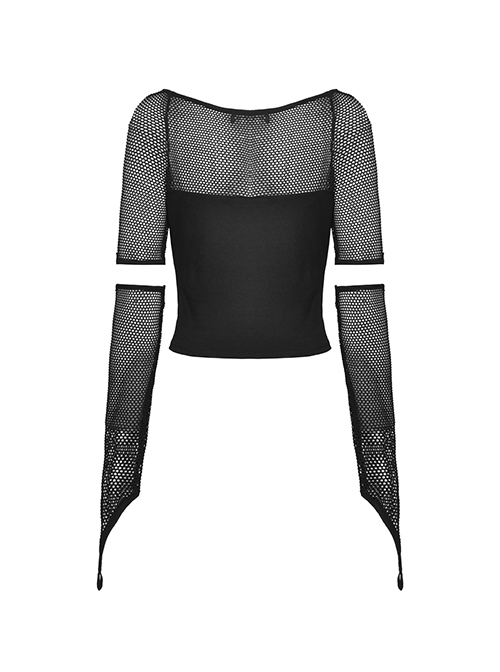 Punk Style Rebel Lace Unique Splicing Detachable Sleeves V Shaped Hollow Chest Cool Black Slim Top