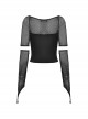 Punk Style Rebel Lace Unique Splicing Detachable Sleeves V Shaped Hollow Chest Cool Black Slim Top