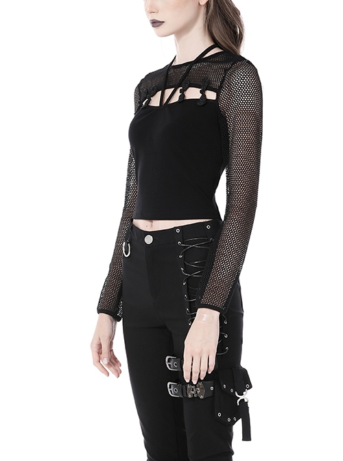 Punk Style Retro Knot Button Decoration On The Chest Personalized Hollow Black Mesh Long Sleeves Top