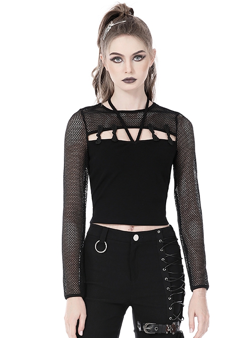 Punk Style Retro Knot Button Decoration On The Chest Personalized Hollow Black Mesh Long Sleeves Top