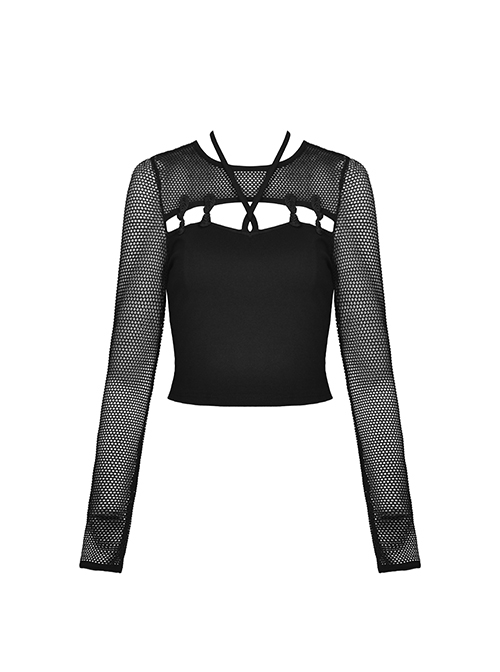 Punk Style Retro Knot Button Decoration On The Chest Personalized Hollow Black Mesh Long Sleeves Top