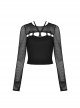 Punk Style Retro Knot Button Decoration On The Chest Personalized Hollow Black Mesh Long Sleeves Top