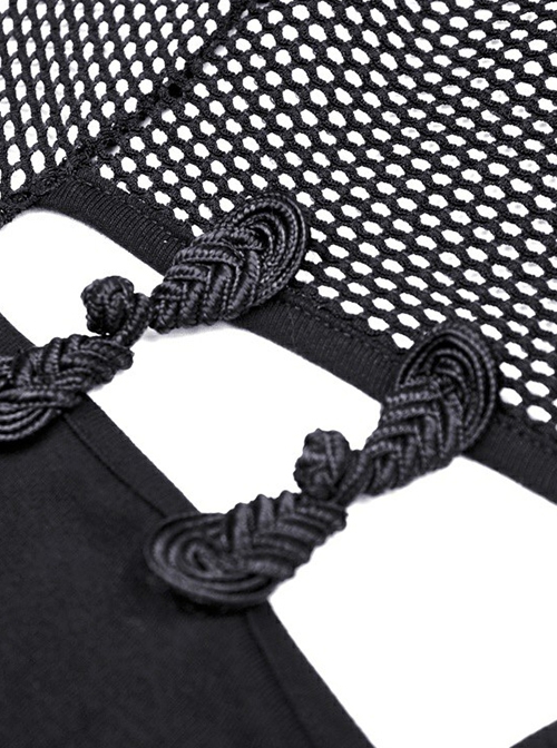 Punk Style Retro Knot Button Decoration On The Chest Personalized Hollow Black Mesh Long Sleeves Top