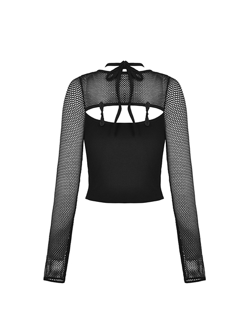 Punk Style Retro Knot Button Decoration On The Chest Personalized Hollow Black Mesh Long Sleeves Top