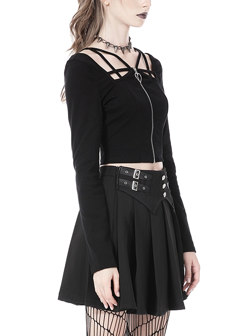 Punk Style Unique Straps Hollow Metal Love Zip Daily Versatile Black Long Sleeves Slim Short Top