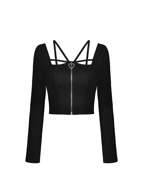 Punk Style Unique Straps Hollow Metal Love Zip Daily Versatile Black Long Sleeves Slim Short Top