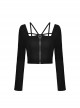Punk Style Unique Straps Hollow Metal Love Zip Daily Versatile Black Long Sleeves Slim Short Top