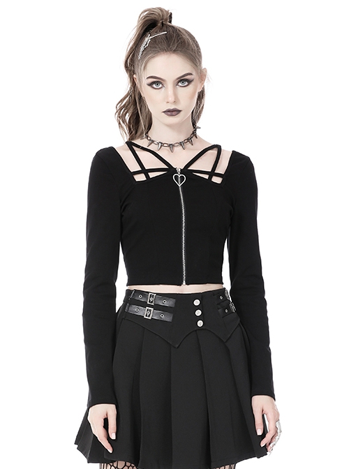 Punk Style Unique Straps Hollow Metal Love Zip Daily Versatile Black Long Sleeves Slim Short Top