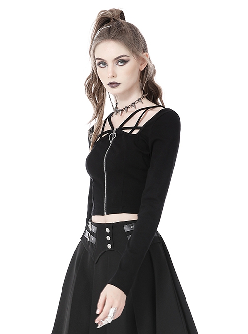 Punk Style Unique Straps Hollow Metal Love Zip Daily Versatile Black Long Sleeves Slim Short Top