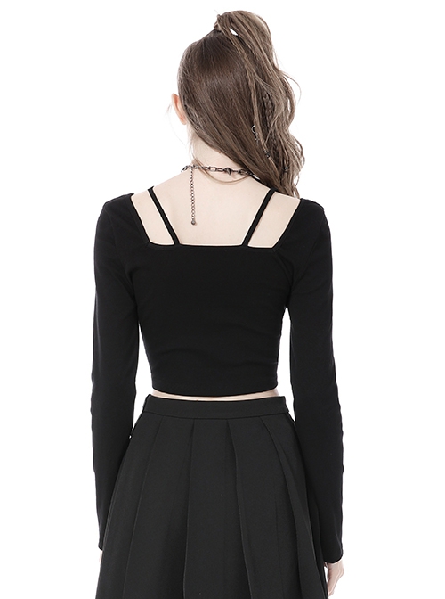 Punk Style Unique Straps Hollow Metal Love Zip Daily Versatile Black Long Sleeves Slim Short Top