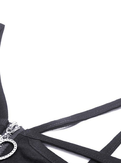 Punk Style Unique Straps Hollow Metal Love Zip Daily Versatile Black Long Sleeves Slim Short Top