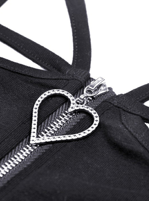 Punk Style Unique Straps Hollow Metal Love Zip Daily Versatile Black Long Sleeves Slim Short Top