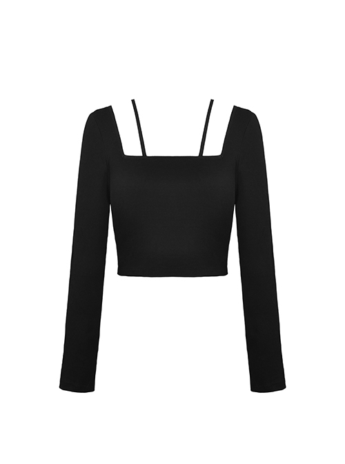 Punk Style Unique Straps Hollow Metal Love Zip Daily Versatile Black Long Sleeves Slim Short Top