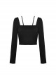 Punk Style Unique Straps Hollow Metal Love Zip Daily Versatile Black Long Sleeves Slim Short Top