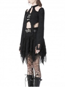 Gothic Retro Metal Buckle Knitted Tattered Design Decadent Black Long Trumpet Sleeves Short Top