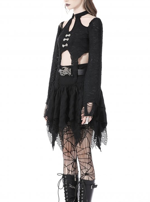 Gothic Retro Metal Buckle Knitted Tattered Design Decadent Black Long Trumpet Sleeves Short Top