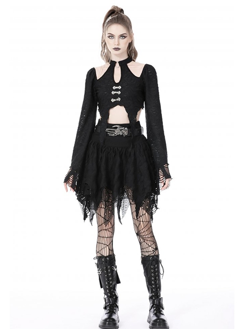 Gothic Retro Metal Buckle Knitted Tattered Design Decadent Black Long Trumpet Sleeves Short Top